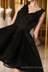 Black V Neck Lace Short Evening Prom Dresses, Homecoming Dresses, Homecoming Dresses